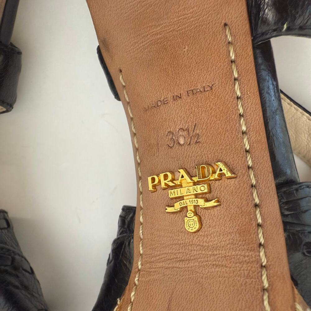 Prada Crisscross Platform Sandals Heels Black Leather Espadrille Platform 36.5 - Picture 11 of 12
